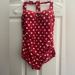 Red polka dot one piece swimsuit